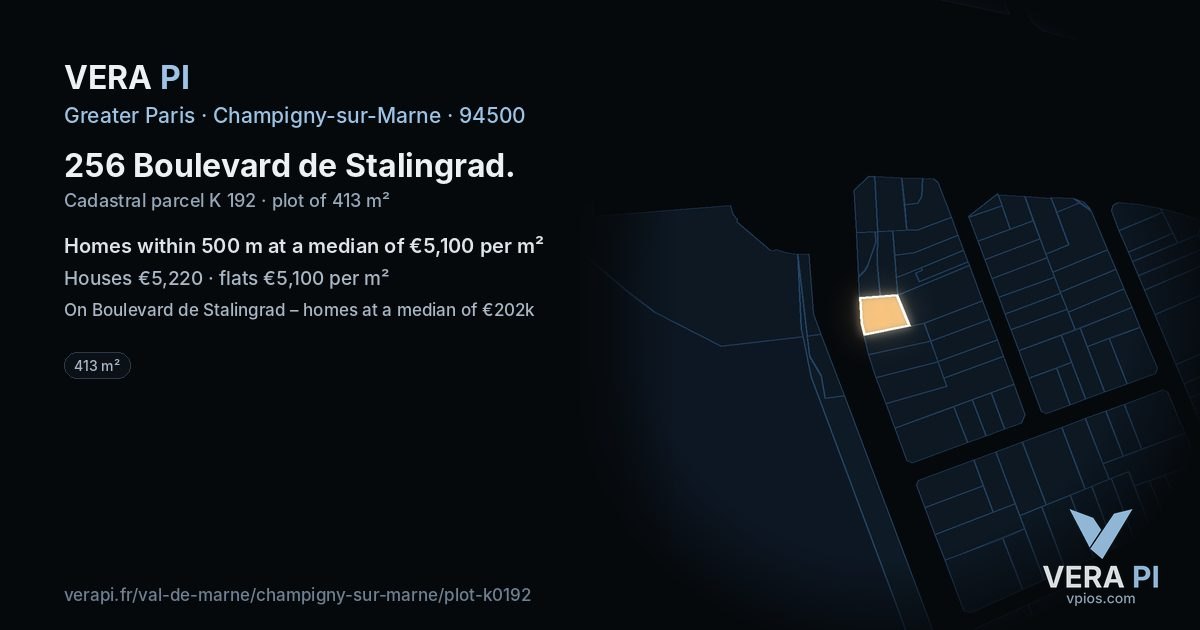 256 Boulevard de Stalingrad, Champigny-sur-Marne at night – the plot lit, the parcels around coloured by the prices near them