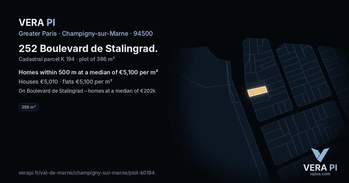 252 Boulevard de Stalingrad, Champigny-sur-Marne at night – the plot lit, the parcels around coloured by the prices near them
