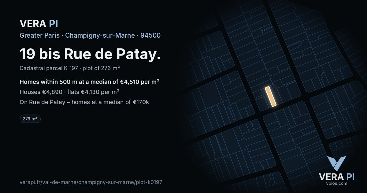 19 bis Rue de Patay, Champigny-sur-Marne at night – the plot lit, the parcels around coloured by the prices near them