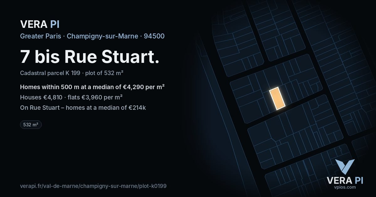 7 bis Rue Stuart, Champigny-sur-Marne at night – the plot lit, the parcels around coloured by the prices near them