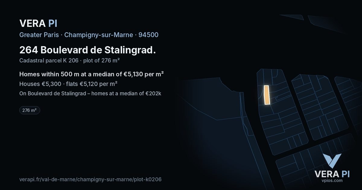 264 Boulevard de Stalingrad, Champigny-sur-Marne at night – the plot lit, the parcels around coloured by the prices near them