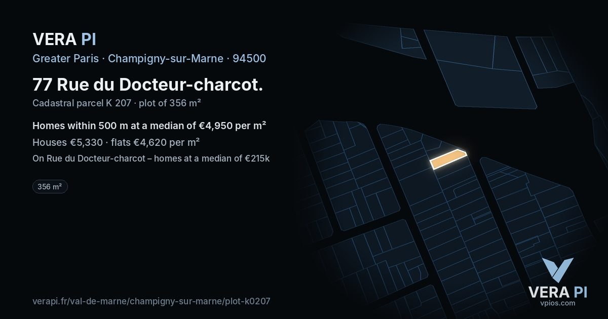 77 Rue du Docteur-charcot, Champigny-sur-Marne at night – the plot lit, the parcels around coloured by the prices near them