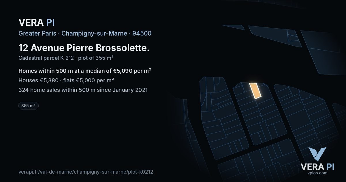 12 Avenue Pierre Brossolette, Champigny-sur-Marne at night – the plot lit, the parcels around coloured by the prices near them