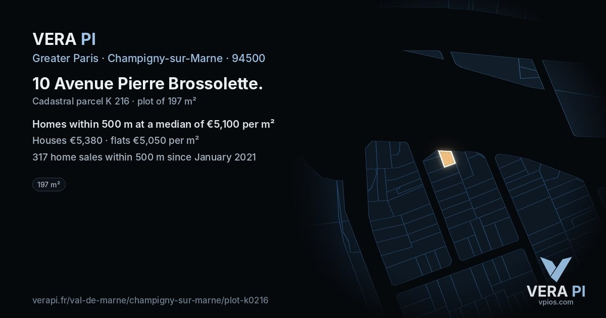 10 Avenue Pierre Brossolette, Champigny-sur-Marne at night – the plot lit, the parcels around coloured by the prices near them