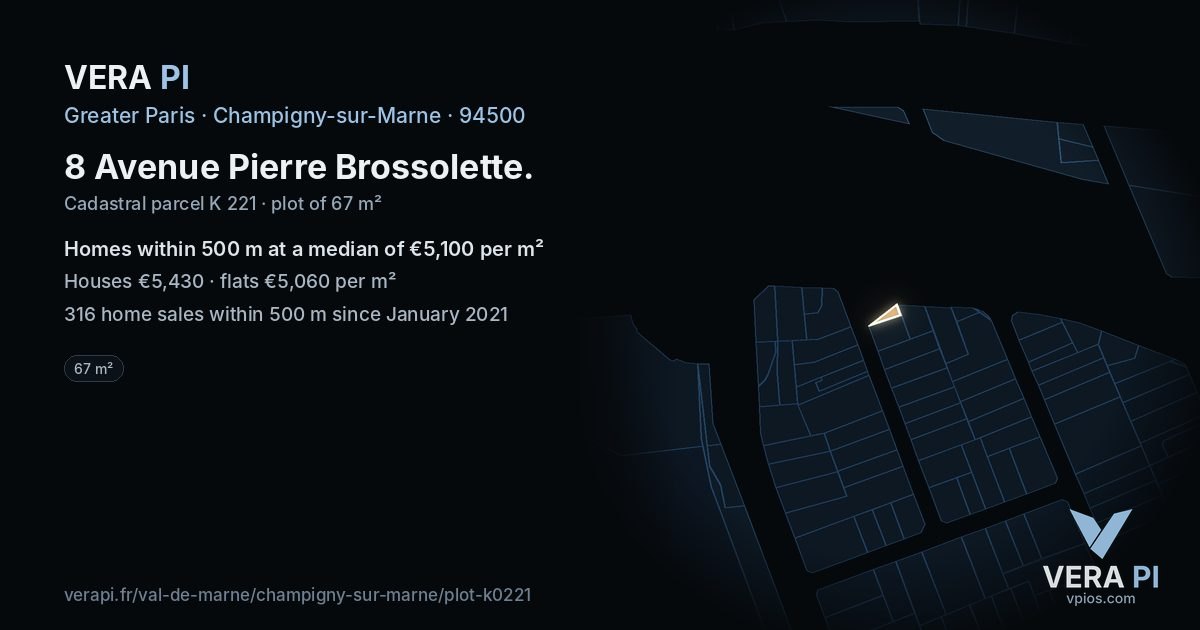 8 Avenue Pierre Brossolette, Champigny-sur-Marne at night – the plot lit, the parcels around coloured by the prices near them
