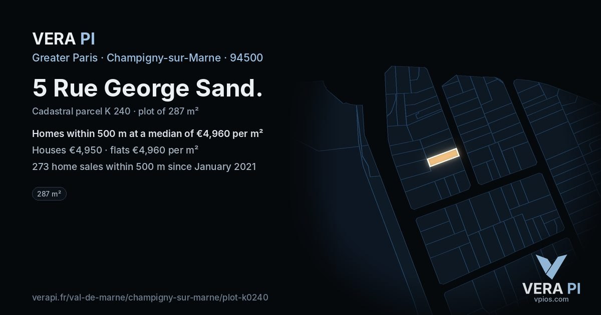 5 Rue George Sand, Champigny-sur-Marne at night – the plot lit, the parcels around coloured by the prices near them