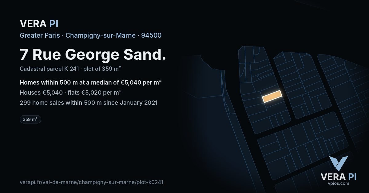 7 Rue George Sand, Champigny-sur-Marne at night – the plot lit, the parcels around coloured by the prices near them