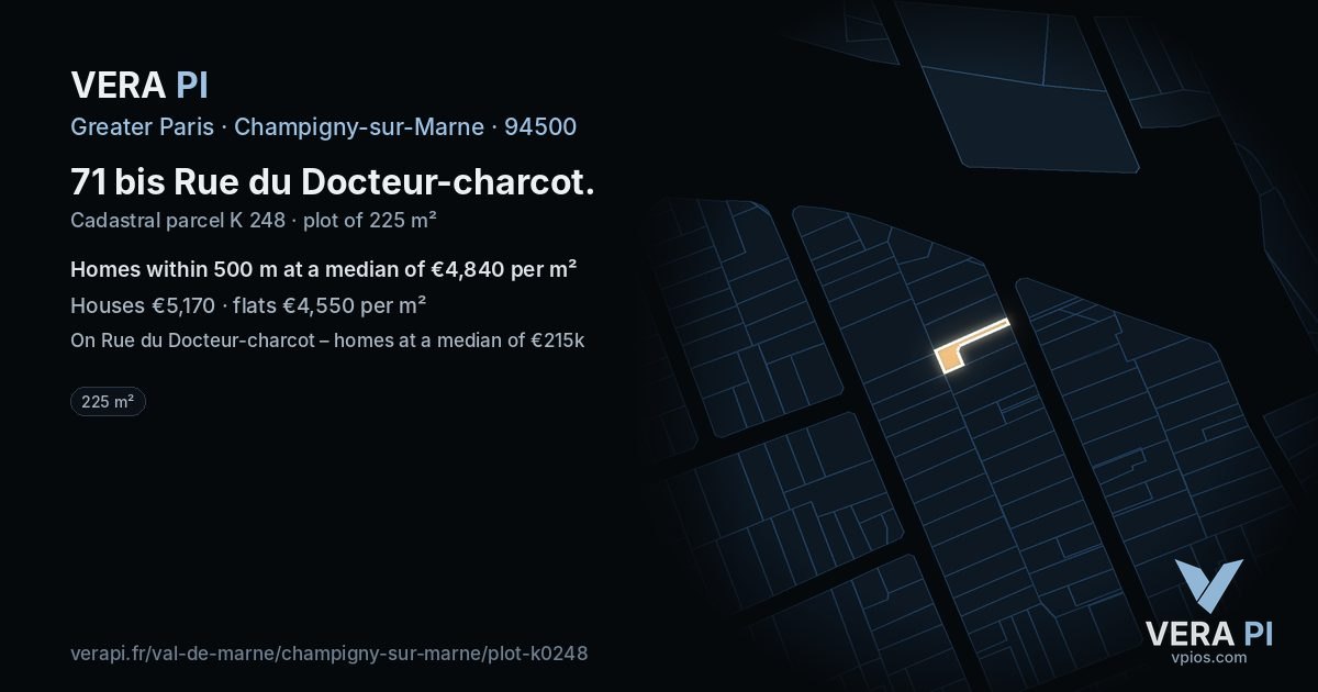 71 bis Rue du Docteur-charcot, Champigny-sur-Marne at night – the plot lit, the parcels around coloured by the prices near them