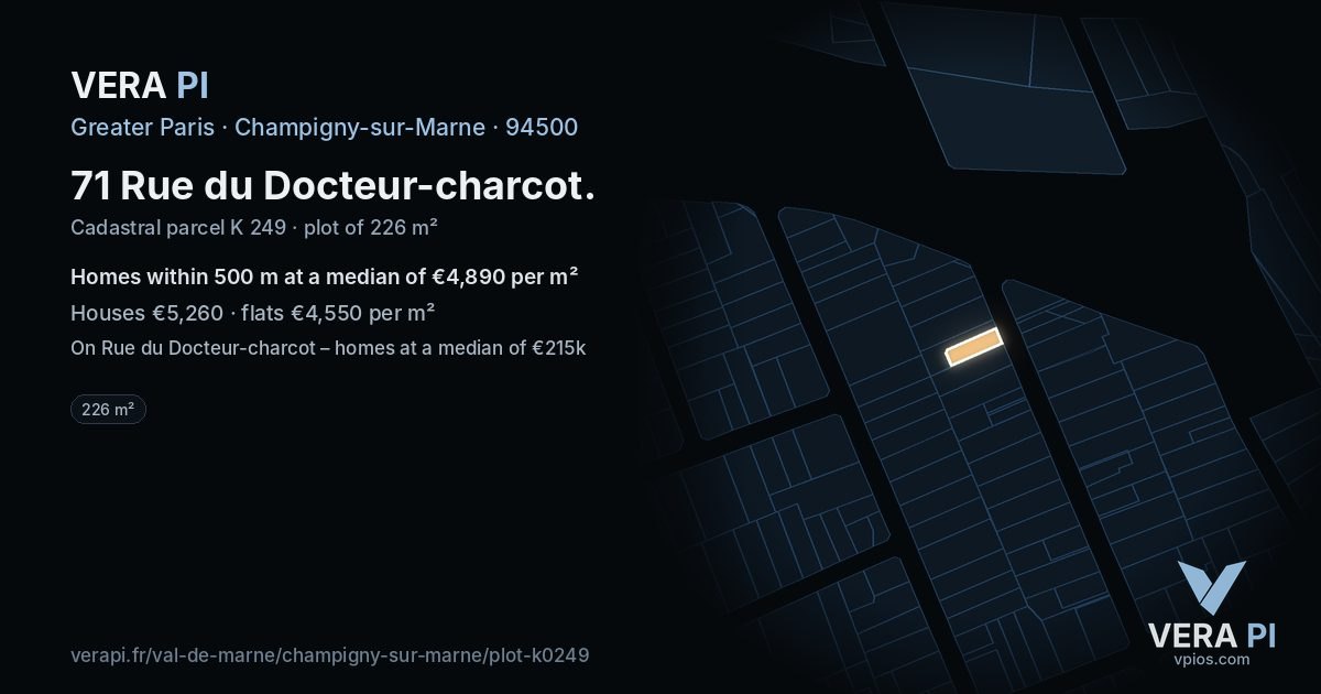 71 Rue du Docteur-charcot, Champigny-sur-Marne at night – the plot lit, the parcels around coloured by the prices near them