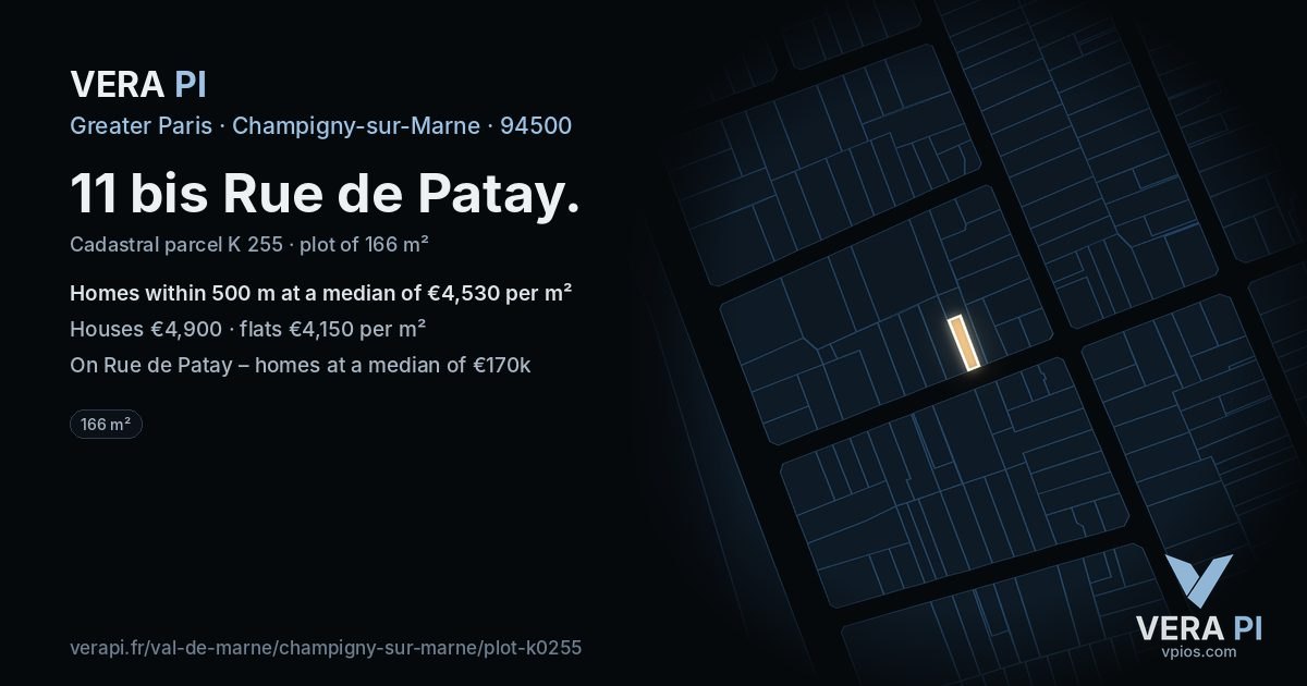 11 bis Rue de Patay, Champigny-sur-Marne at night – the plot lit, the parcels around coloured by the prices near them
