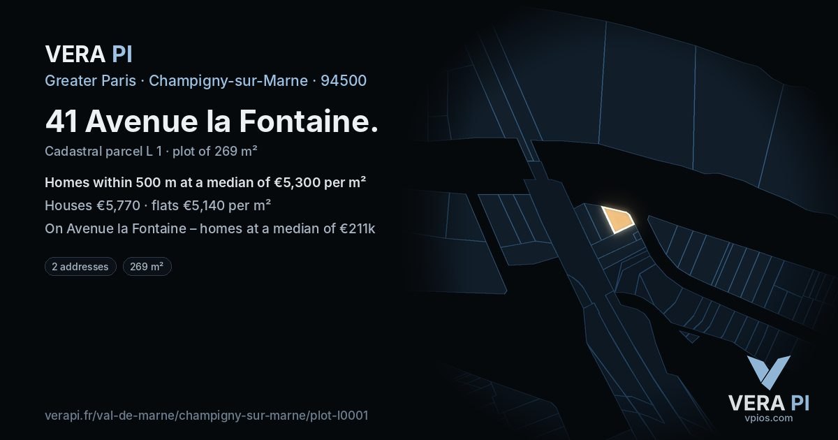 41 Avenue la Fontaine, Champigny-sur-Marne at night – the plot lit, the parcels around coloured by the prices near them