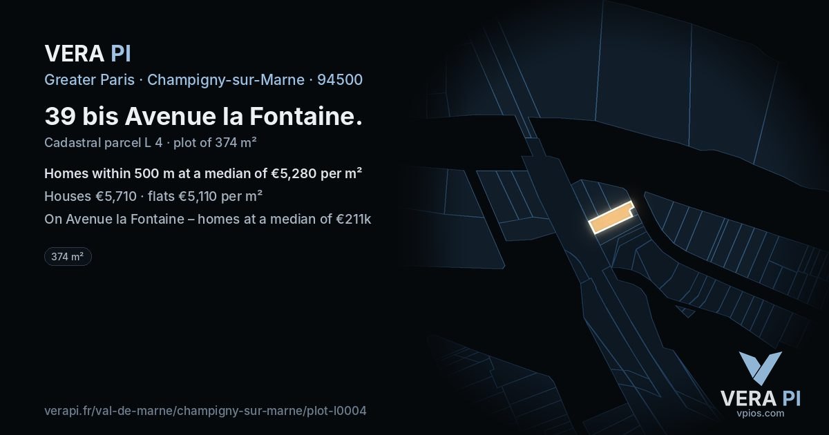 39 bis Avenue la Fontaine, Champigny-sur-Marne at night – the plot lit, the parcels around coloured by the prices near them