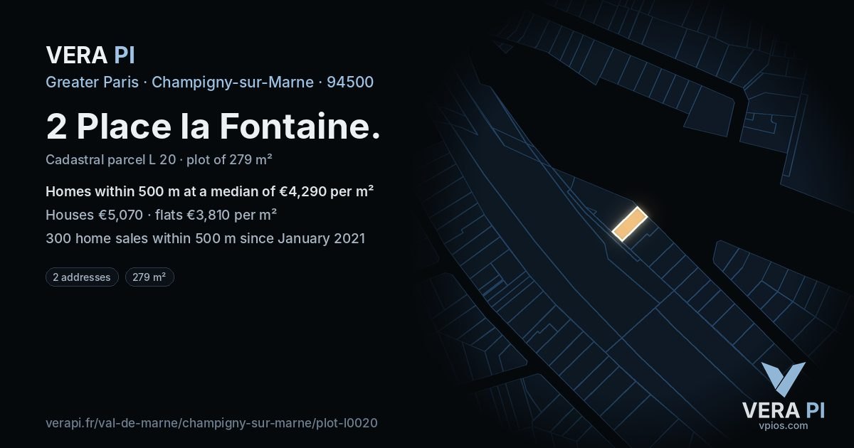2 Place la Fontaine, Champigny-sur-Marne at night – the plot lit, the parcels around coloured by the prices near them