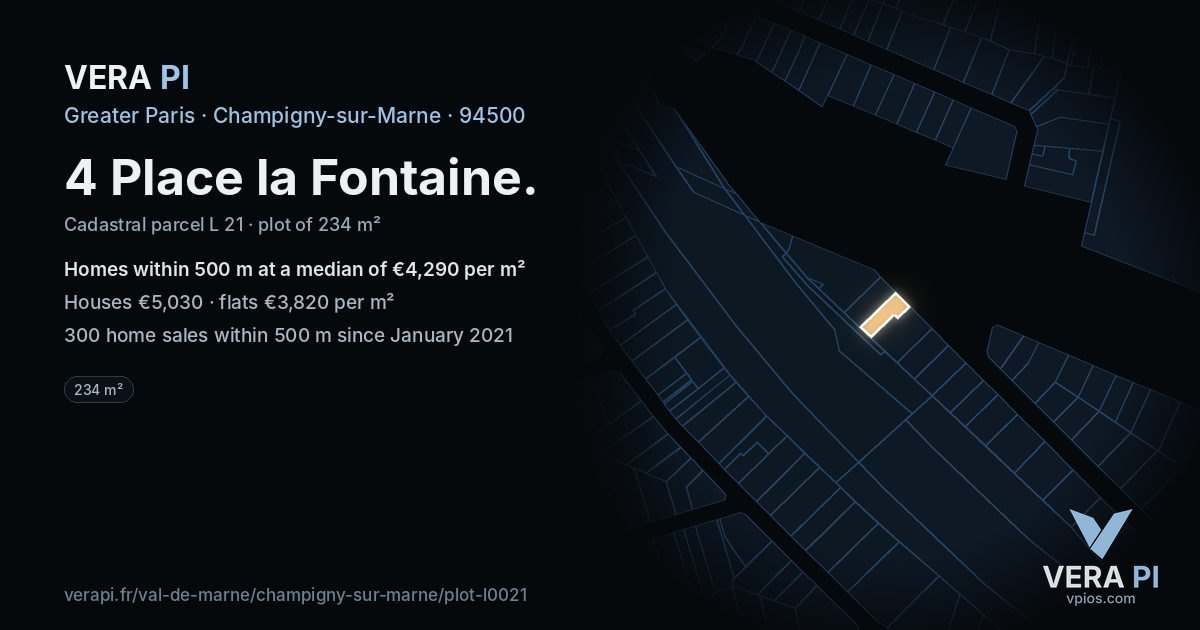 4 Place la Fontaine, Champigny-sur-Marne at night – the plot lit, the parcels around coloured by the prices near them