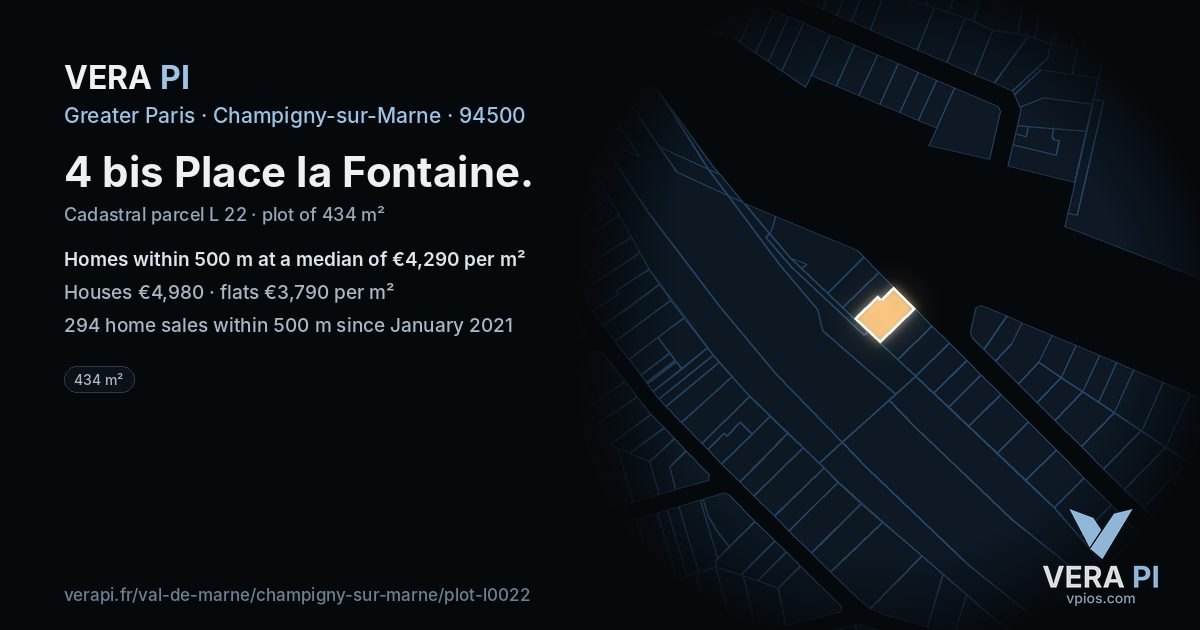 4 bis Place la Fontaine, Champigny-sur-Marne at night – the plot lit, the parcels around coloured by the prices near them