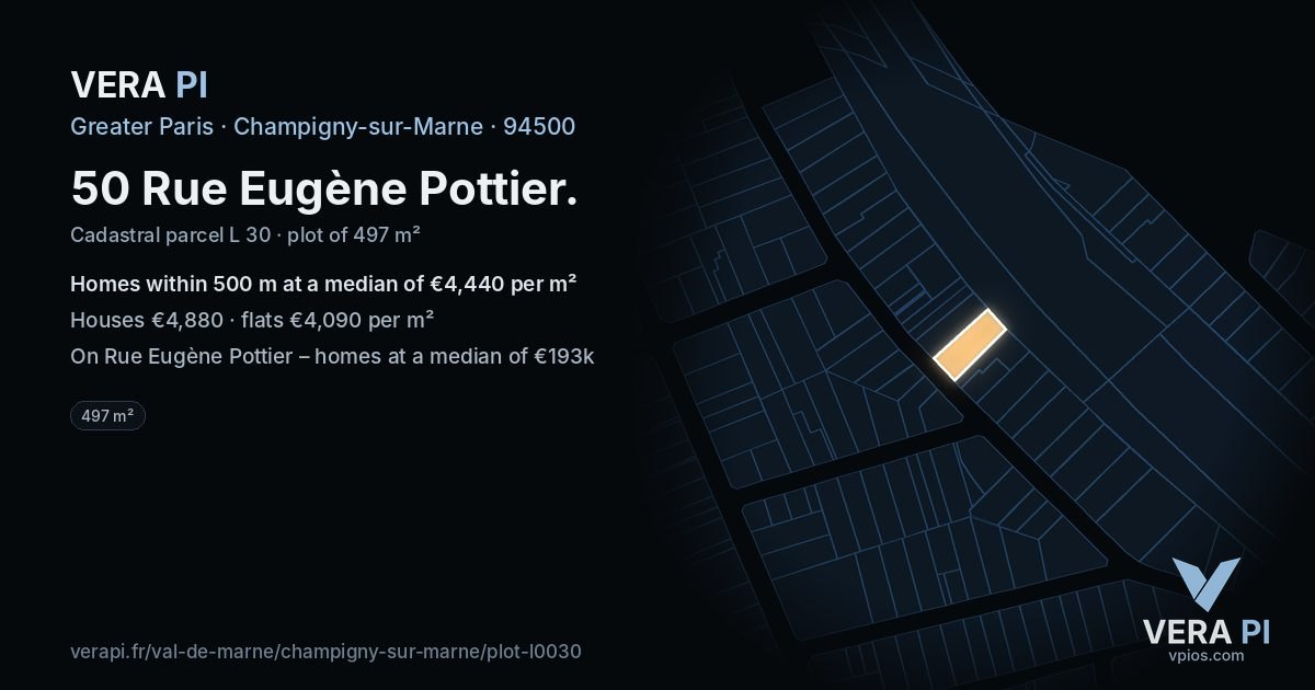 50 Rue Eugène Pottier, Champigny-sur-Marne at night – the plot lit, the parcels around coloured by the prices near them