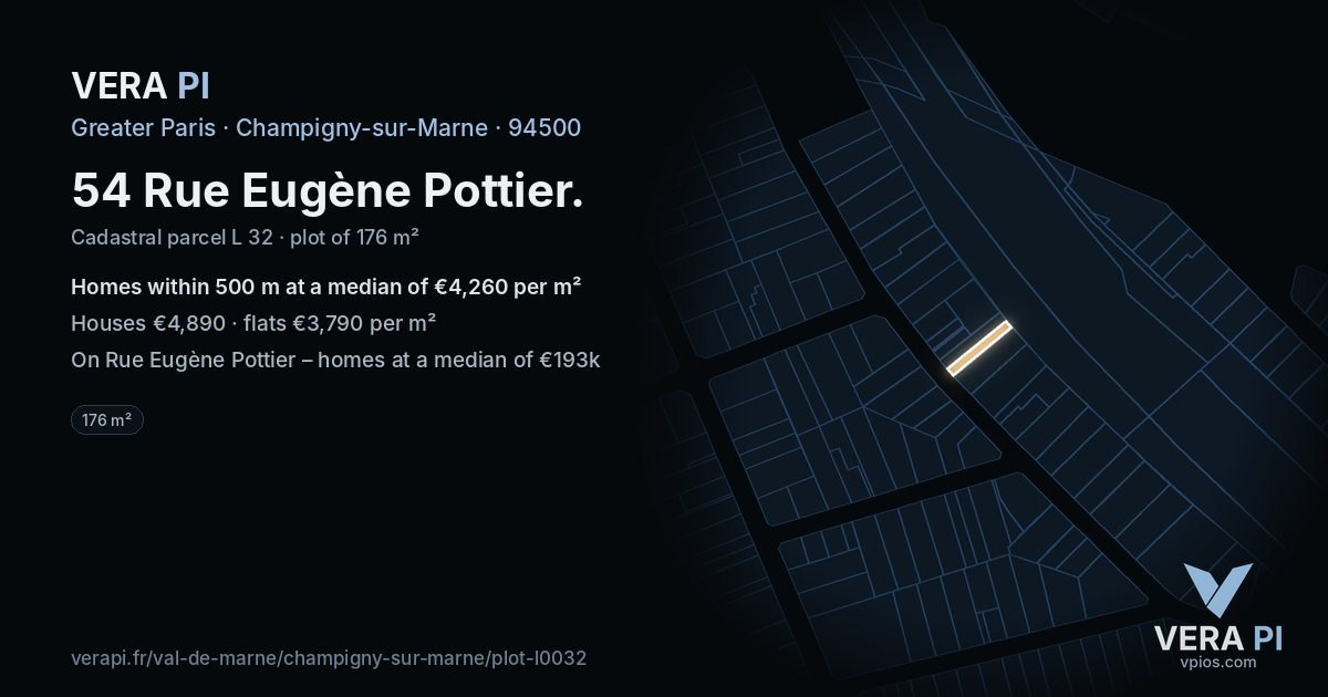 54 Rue Eugène Pottier, Champigny-sur-Marne at night – the plot lit, the parcels around coloured by the prices near them