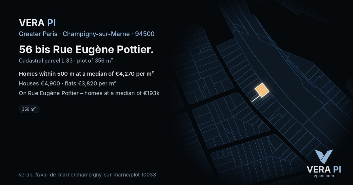 56 bis Rue Eugène Pottier, Champigny-sur-Marne at night – the plot lit, the parcels around coloured by the prices near them