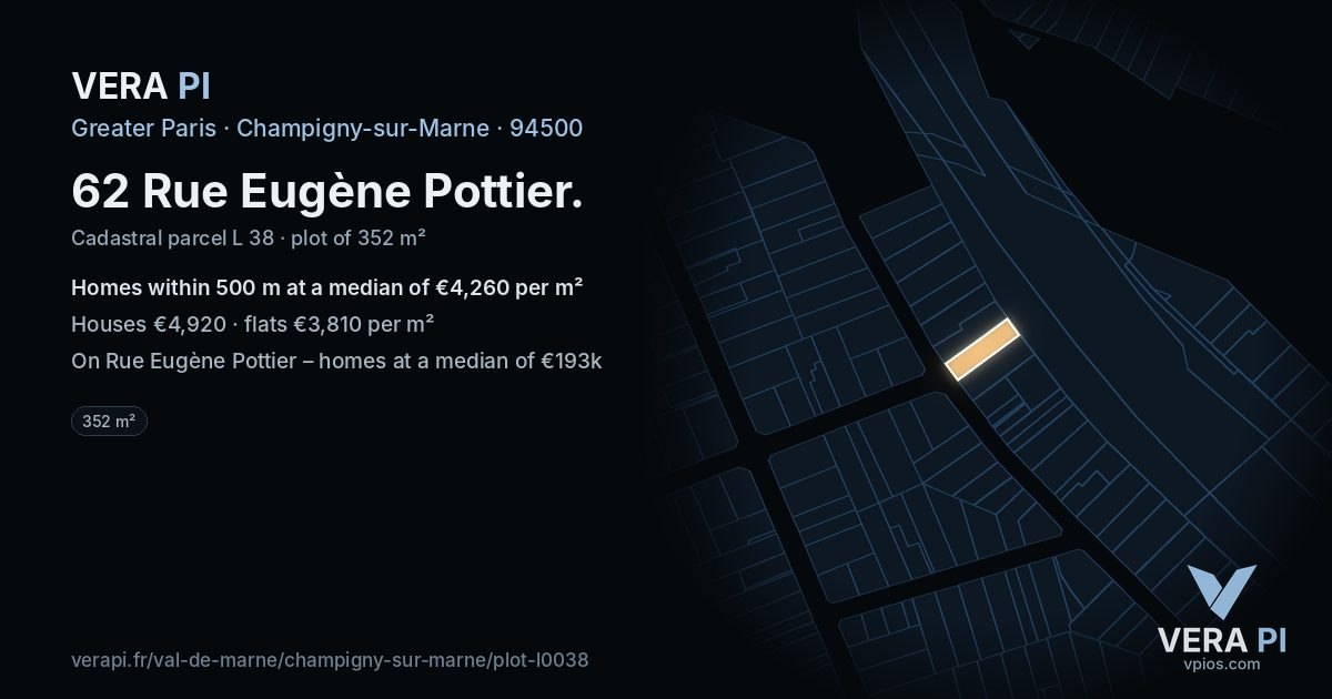 62 Rue Eugène Pottier, Champigny-sur-Marne at night – the plot lit, the parcels around coloured by the prices near them