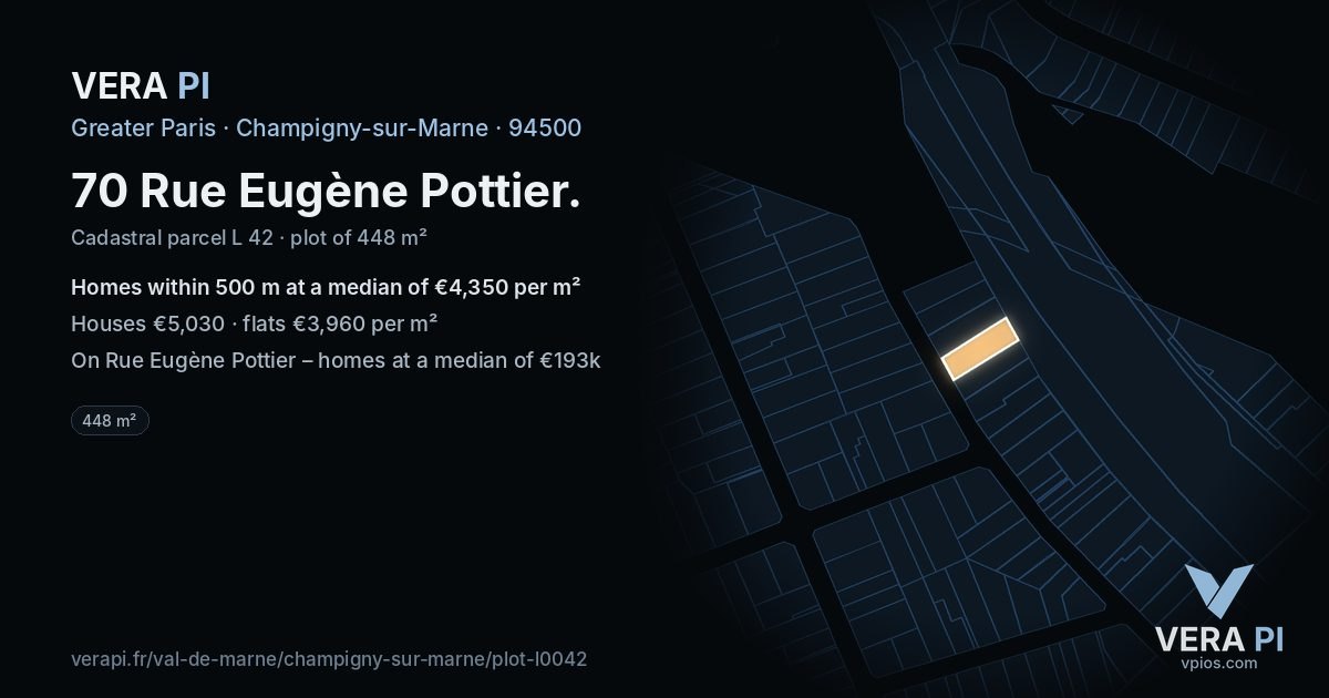 70 Rue Eugène Pottier, Champigny-sur-Marne at night – the plot lit, the parcels around coloured by the prices near them