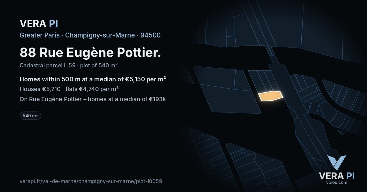 88 Rue Eugène Pottier, Champigny-sur-Marne at night – the plot lit, the parcels around coloured by the prices near them