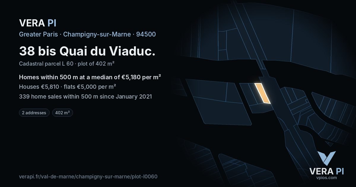 38 bis Quai du Viaduc, Champigny-sur-Marne at night – the plot lit, the parcels around coloured by the prices near them