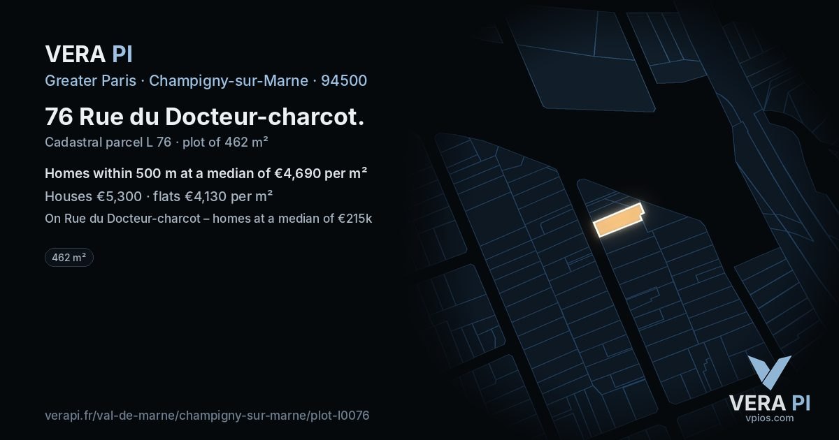 76 Rue du Docteur-charcot, Champigny-sur-Marne at night – the plot lit, the parcels around coloured by the prices near them