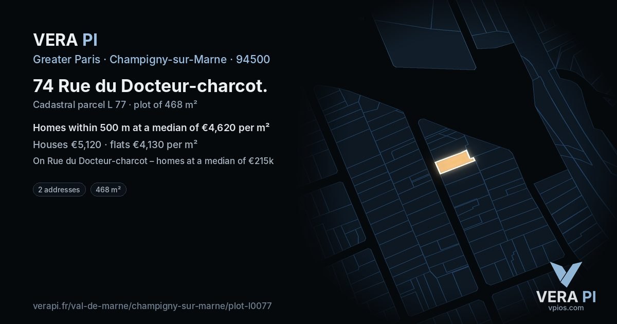 74 Rue du Docteur-charcot, Champigny-sur-Marne at night – the plot lit, the parcels around coloured by the prices near them
