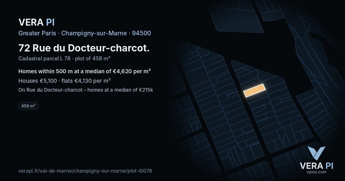 72 Rue du Docteur-charcot, Champigny-sur-Marne at night – the plot lit, the parcels around coloured by the prices near them