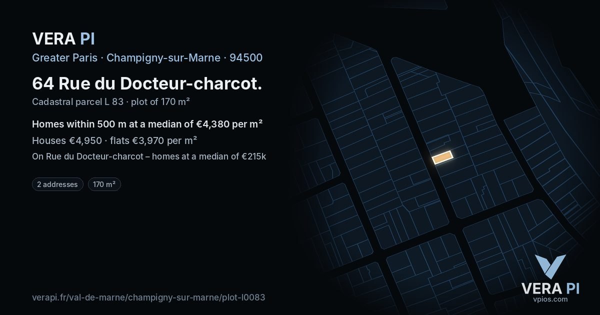 64 Rue du Docteur-charcot, Champigny-sur-Marne at night – the plot lit, the parcels around coloured by the prices near them
