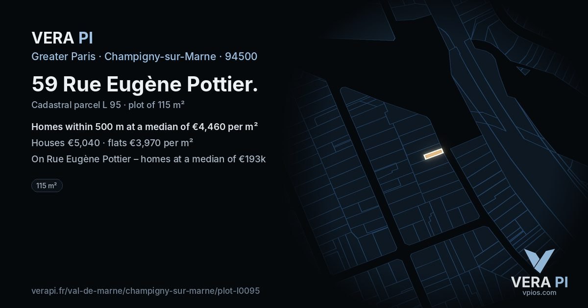 59 Rue Eugène Pottier, Champigny-sur-Marne at night – the plot lit, the parcels around coloured by the prices near them