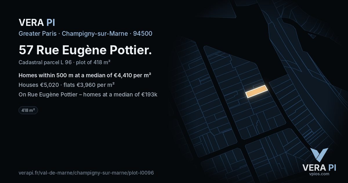 57 Rue Eugène Pottier, Champigny-sur-Marne at night – the plot lit, the parcels around coloured by the prices near them
