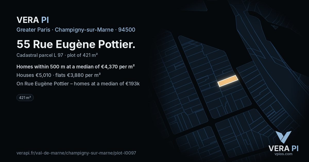 55 Rue Eugène Pottier, Champigny-sur-Marne at night – the plot lit, the parcels around coloured by the prices near them