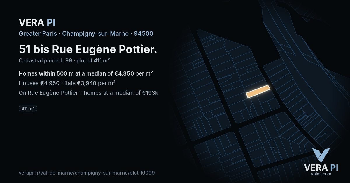 51 bis Rue Eugène Pottier, Champigny-sur-Marne at night – the plot lit, the parcels around coloured by the prices near them