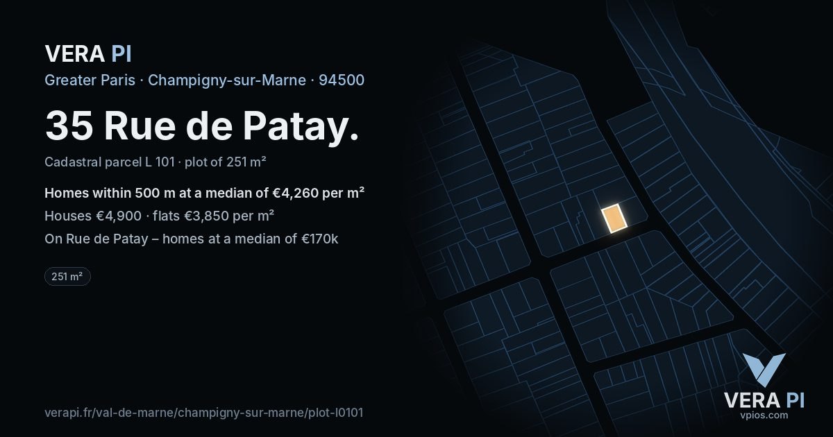 35 Rue de Patay, Champigny-sur-Marne at night – the plot lit, the parcels around coloured by the prices near them