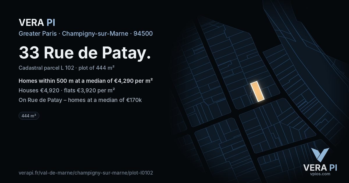 33 Rue de Patay, Champigny-sur-Marne at night – the plot lit, the parcels around coloured by the prices near them