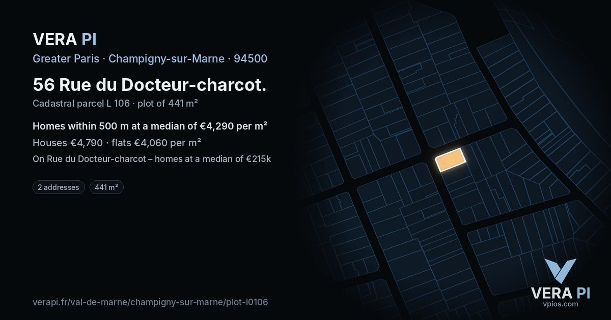 56 Rue du Docteur-charcot, Champigny-sur-Marne at night – the plot lit, the parcels around coloured by the prices near them