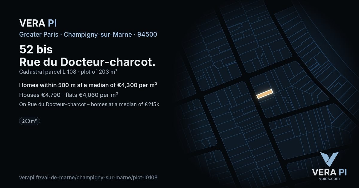 52 bis Rue du Docteur-charcot, Champigny-sur-Marne at night – the plot lit, the parcels around coloured by the prices near them