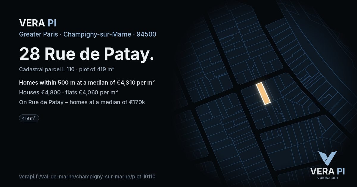 28 Rue de Patay, Champigny-sur-Marne at night – the plot lit, the parcels around coloured by the prices near them