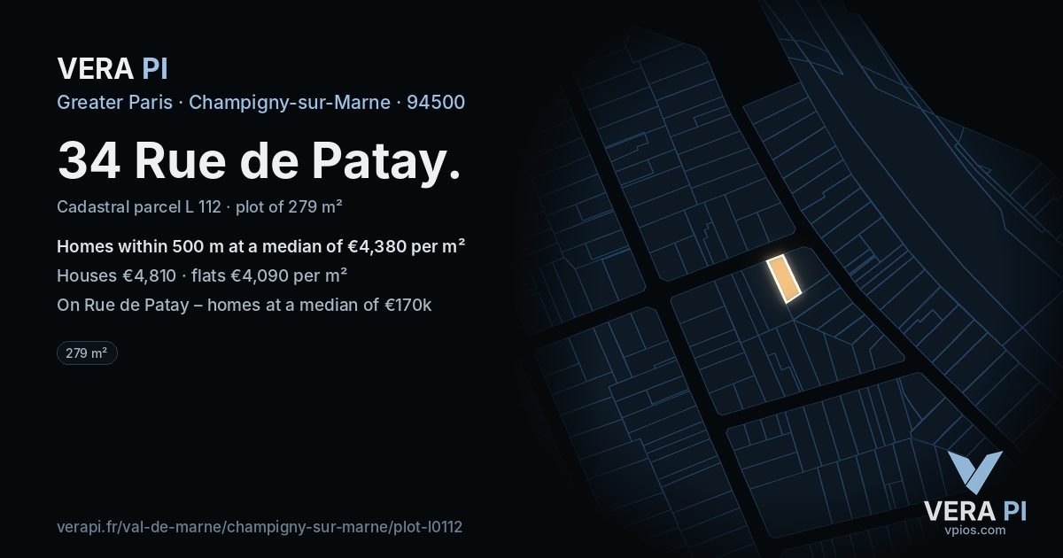 34 Rue de Patay, Champigny-sur-Marne at night – the plot lit, the parcels around coloured by the prices near them