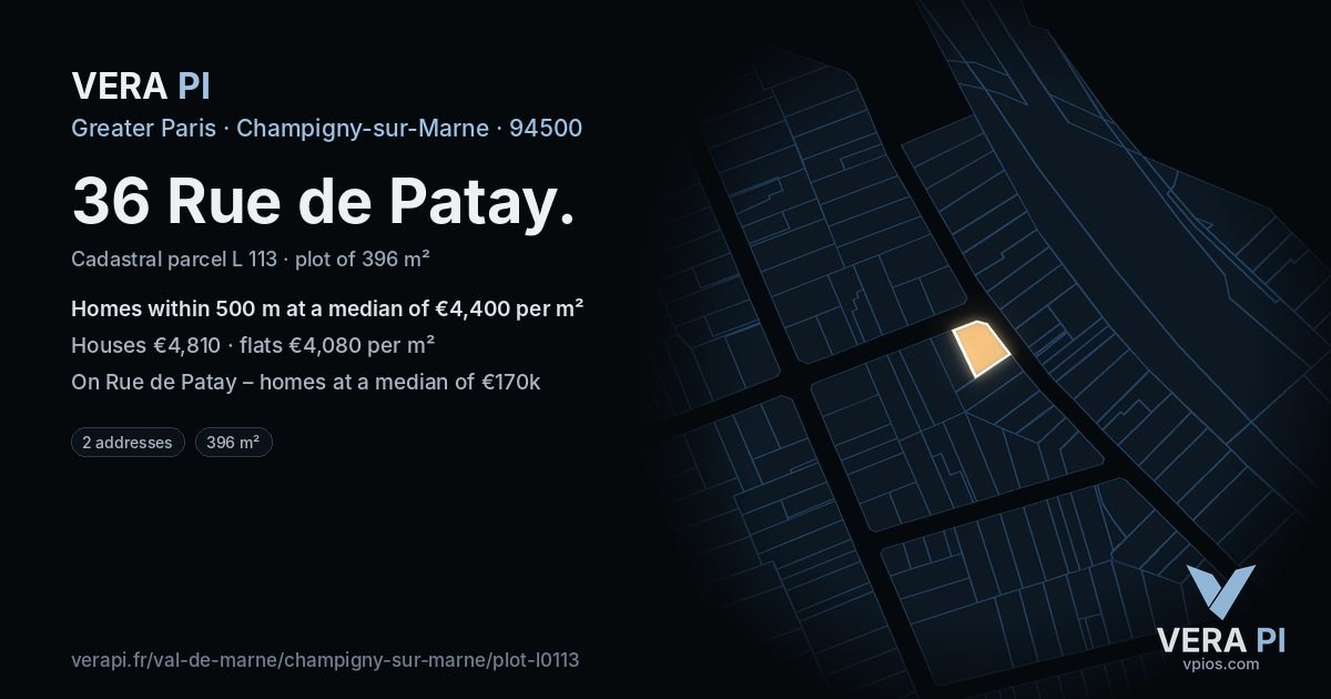 36 Rue de Patay, Champigny-sur-Marne at night – the plot lit, the parcels around coloured by the prices near them