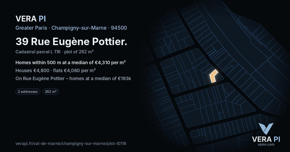 39 Rue Eugène Pottier, Champigny-sur-Marne at night – the plot lit, the parcels around coloured by the prices near them
