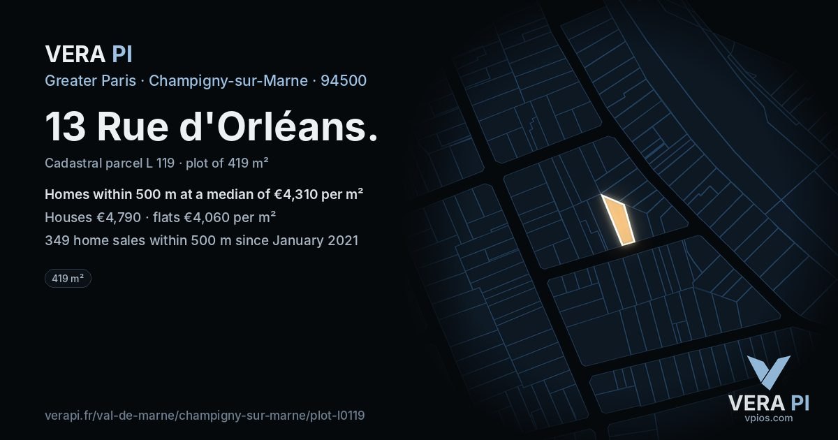 13 Rue d'Orléans, Champigny-sur-Marne at night – the plot lit, the parcels around coloured by the prices near them