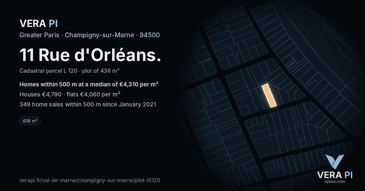 11 Rue d'Orléans, Champigny-sur-Marne at night – the plot lit, the parcels around coloured by the prices near them