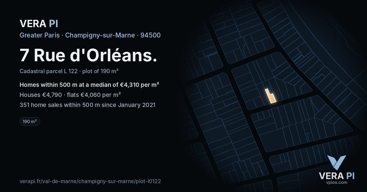 7 Rue d'Orléans, Champigny-sur-Marne at night – the plot lit, the parcels around coloured by the prices near them