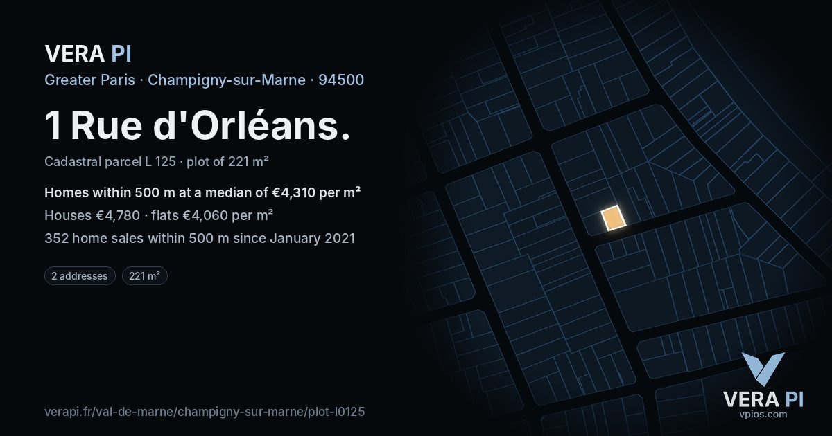 1 Rue d'Orléans, Champigny-sur-Marne at night – the plot lit, the parcels around coloured by the prices near them