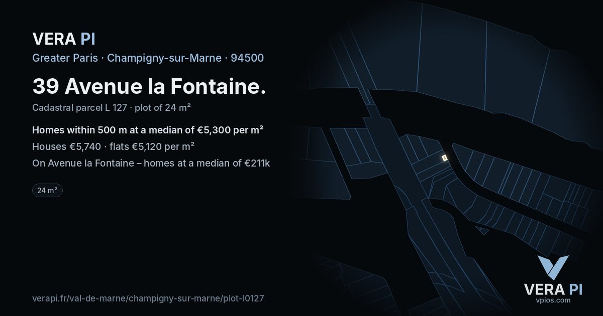 39 Avenue la Fontaine, Champigny-sur-Marne at night – the plot lit, the parcels around coloured by the prices near them