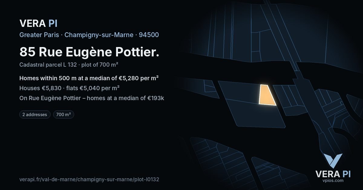 85 Rue Eugène Pottier, Champigny-sur-Marne at night – the plot lit, the parcels around coloured by the prices near them