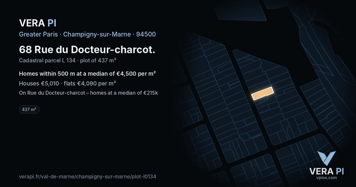 68 Rue du Docteur-charcot, Champigny-sur-Marne at night – the plot lit, the parcels around coloured by the prices near them
