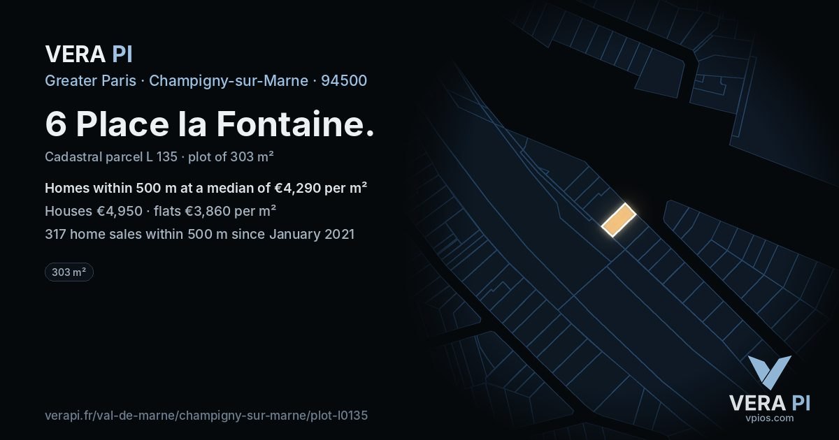 6 Place la Fontaine, Champigny-sur-Marne at night – the plot lit, the parcels around coloured by the prices near them